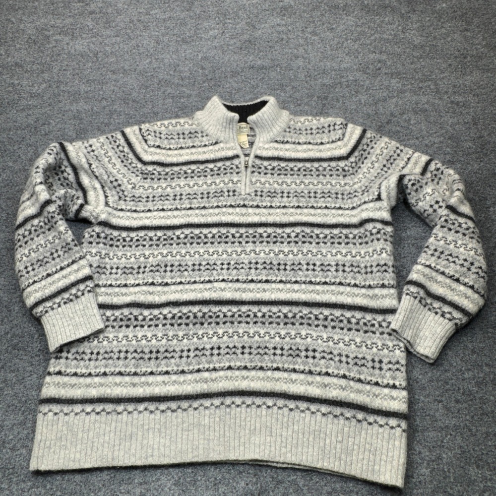 LL Bean Sweater Womens XL Gray Quarter Zip Shetland Wool Fair Isle Fisherman